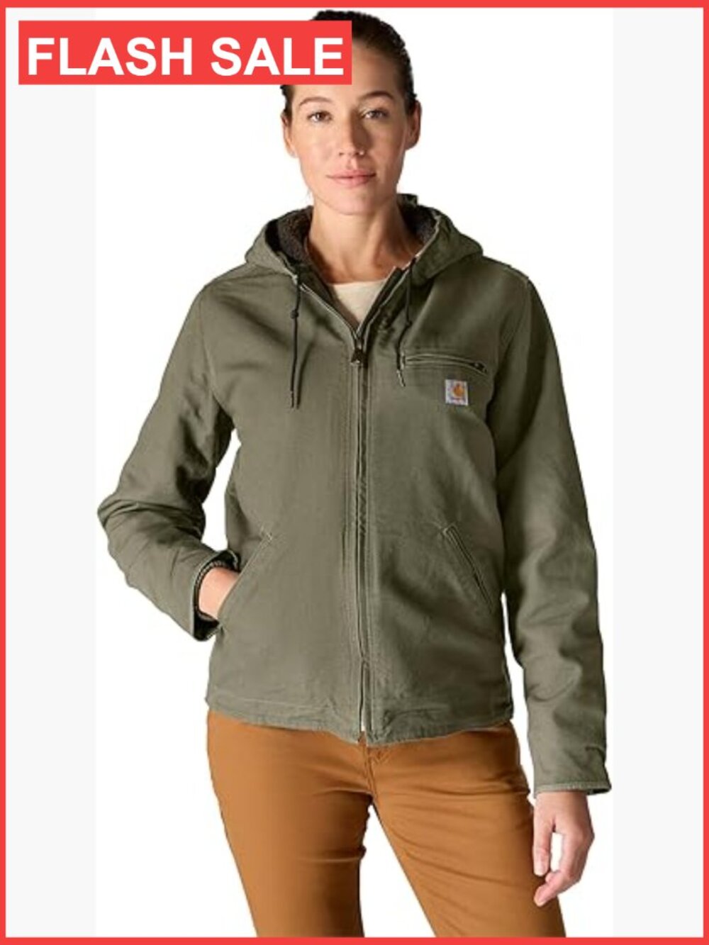 Insulated Canvas Work Jacket with Hood, Sherpa Lining, 5 Pockets